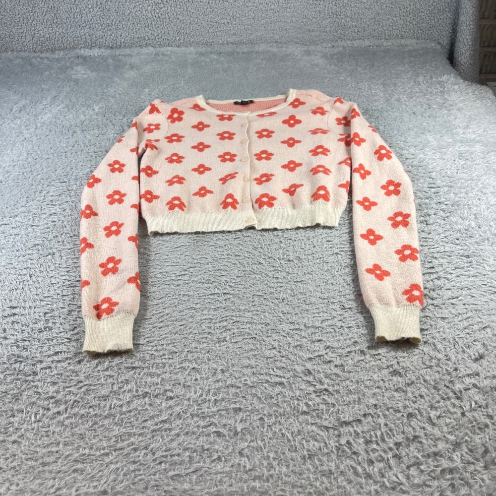 Wild Fable Pink Orange Floral Cropped Cardigan Sweater Womens Medium Knit Button